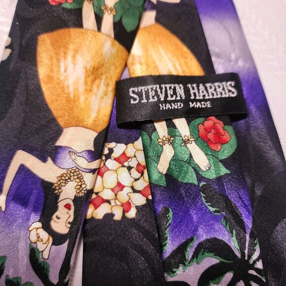 Steven Harris Mens Hula Dancer Hawaii Palm Tree Sunset Beach Tie Hand Made - Picture 9 of 14